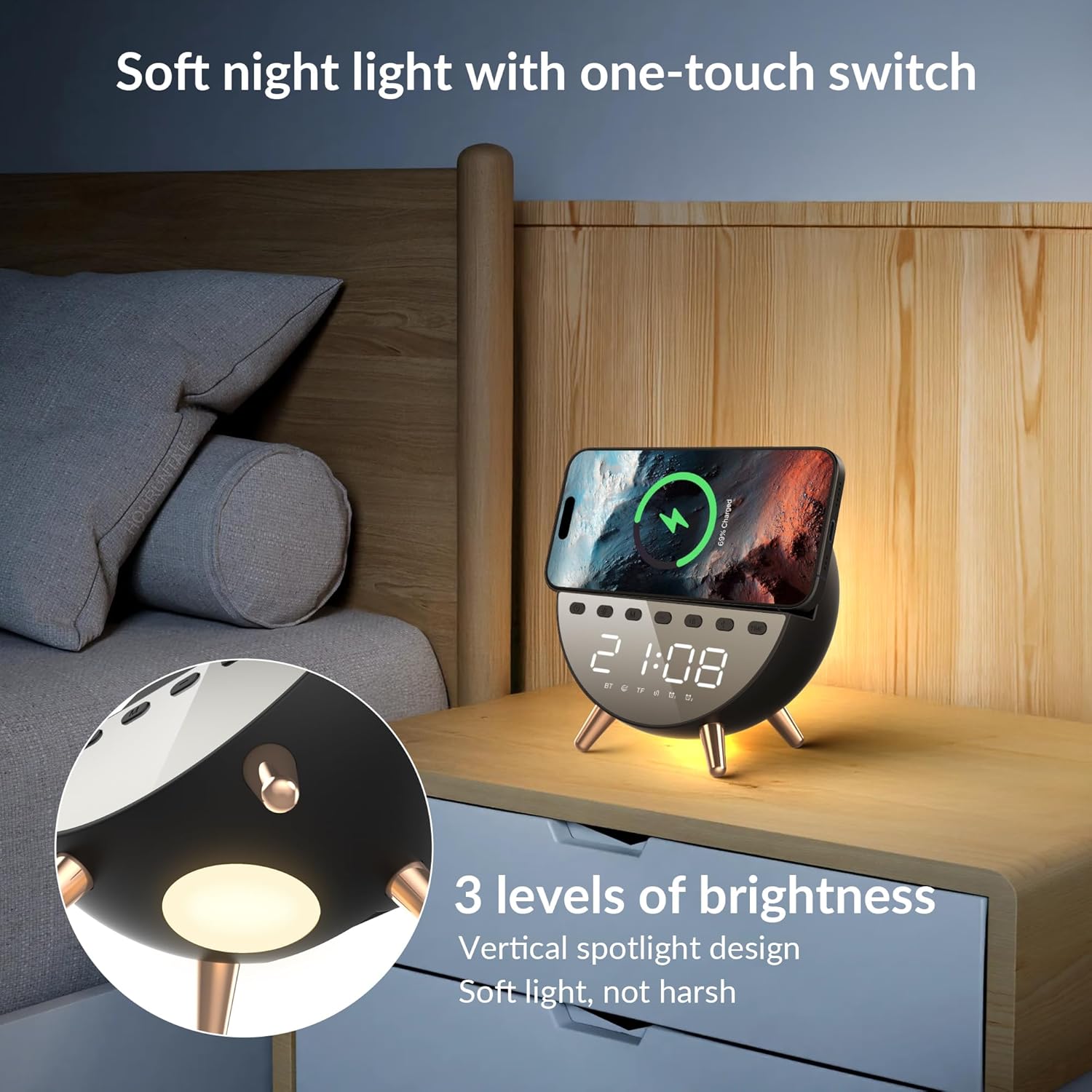 Digital Alarm Clock with 15W Wireless Charging with Warm White Light,5 Soothing Sound/White Noise,Dual Alarm Clock for Bedrooms Heavy Sleepers Adults/Kids (Black)